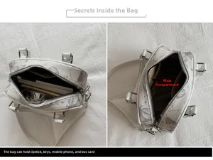Internal view of the white printed Boston bag showing capacity for phone and cosmetics
