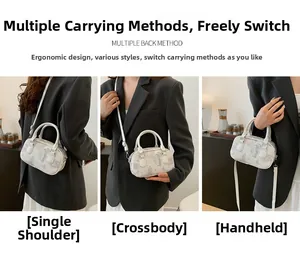 Detailed views of the floral butterfly embossed bag used as tote, shoulder and crossbody