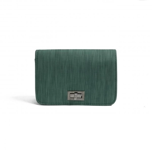 Dark green rectangular crossbody bag with textured leather and silver metal twist lock