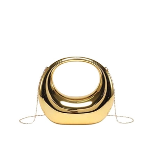 Sac à main demi-lune doré fini miroir avec poignée ronde et bandoulière en chaîne dorée