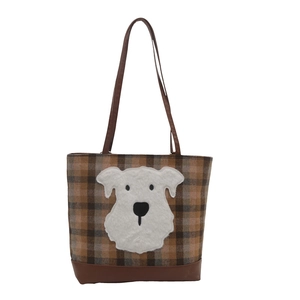 Brown plaid tote bag with cute white dog embroidery patch and long leather handles
