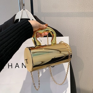 Women Acrylic Cylinder Clutch Bag Sculptural Handle Mirror Metallic Handbag Evening Party Wedding Shoulder Bag Solid Color