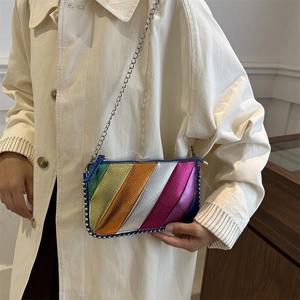 Fashionable rainbow metallic chain bag with colorful stripes and silver bead trim