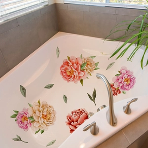 Self-adhesive floral bathtub decals featuring hand-painted peonies and green leaves