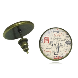 Detailed view of vintage London Union Jack and Big Ben stamp earrings in bronze finish