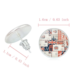 Vintage London Union Jack and Big Ben glass cabochon stud earrings with silver-tone base