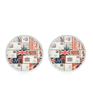 London vintage stamp earrings with British flag and Big Ben theme in round metal setting