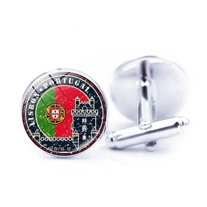 Detailed macro view of Portugal Lisbon world flag cufflinks with glass dome and Belém Tower