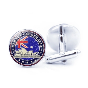 Detailed shot of silver world flag cufflinks featuring the Sydney Australia design