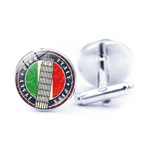 Detail of silver cufflinks with Leaning Tower of Pisa and Italian flag glass dome design