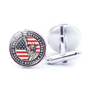Silver cuff links with Statue of Liberty and USA flag glass cabochon design