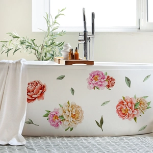 Self-adhesive hand-painted floral wall stickers with red peonies for bathroom bathtub decor