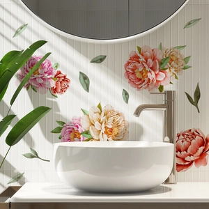 Modern watercolor flower wall stickers set for bathroom decoration with green leaves