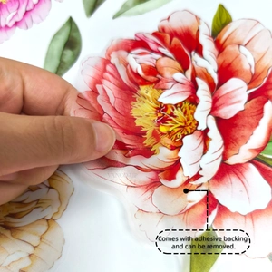 Close-up of translucent floral wall sticker with adhesive backing and hand-peeling detail