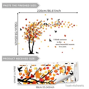 Autumn maple tree wall decals with falling leaves and quote, 220x150cm size guide included