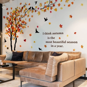 Autumn maple tree wall sticker with fallen leaves and birds for living room decor