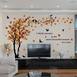 Hand-painted autumn maple tree wall decal with colorful leaves and birds for room decor