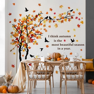 Autumn maple leaf wall sticker set with colorful leaves and birds for home wall decor
