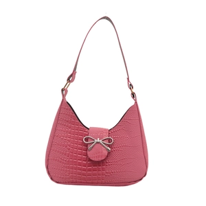 Sac hobo rose à motif crocodile avec nœud argenté et bandoulière à grande capacité