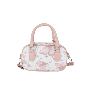 Pink and white patterned Boston style handbag with butterfly prints and crossbody strap