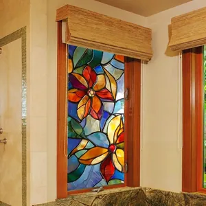 Film décoratif pour fenêtre style vitrail aux fleurs colorées et adhésion statique