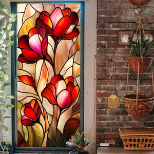 Vintage red tulip stained glass static window film for retro home interior decoration