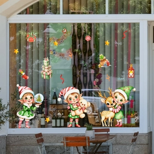 Christmas elf static window stickers with reindeer and gift boxes for holiday glass decoration
