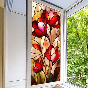 Stained Glass Style Window Film PVC Static Cling Both Sides Retro Red Tulip Floral Decorative Privacy Sticker