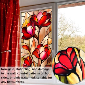 Detail of red tulip stained glass static cling window film showing double-sided color patterns