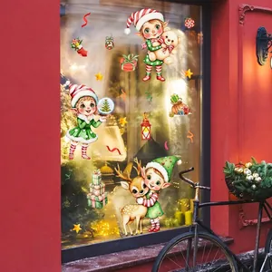 Christmas Window Clings Static Elves Stickers Double Sided PVC Glass Decals Holiday Decorations Reindeer Teddy Bear Stars