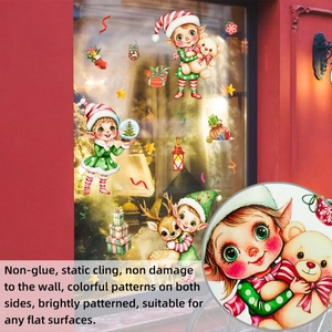 Close-up of double-sided Christmas elf window decals with vivid static cling details