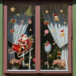 Christmas Santa Claus sleigh static window decals with gold stars and festive decorations