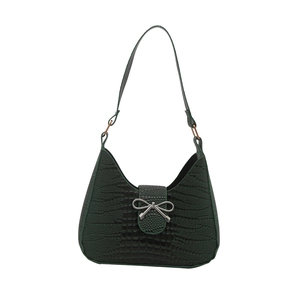 Borsa hobo verde scuro in pelle goffrata coccodrillo con fiocco argento e tracolla regolabile