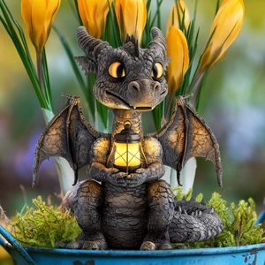 Garden dragon statue holding a glowing lantern on mossy stone with yellow flowers