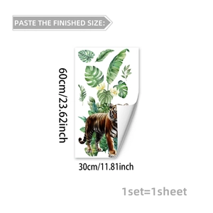 Detailed wall sticker layout featuring a realistic tiger and tropical green leaves