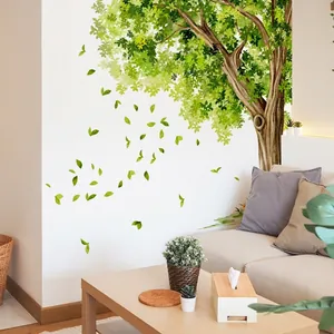 Lush green hand-painted tree wall decal set for living room and bedroom decor