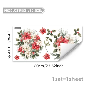 Christmas wall decal with red poinsettia and green leaves, 60x30cm decorative sticker