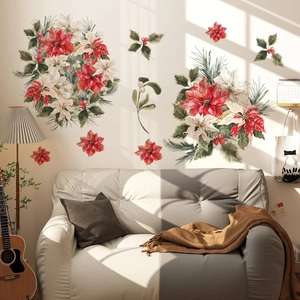 Christmas watercolor wall stickers with poinsettia and holly berries for home wall decor