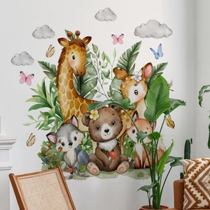 Hand-painted watercolor cartoon animal wall stickers featuring a giraffe and bear for kids