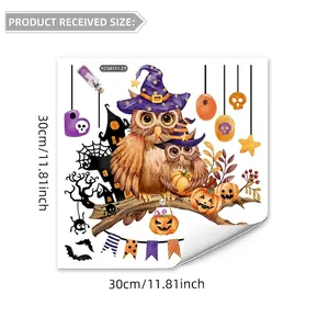 Luminous Halloween wall sticker with cartoon owls in wizard hats and glowing pumpkins