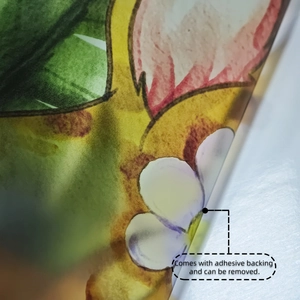 Close-up of self-adhesive floral wall sticker showing frosted texture and removable backing