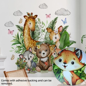 Detail of watercolor animal wall stickers showing texture of giraffe and deer decals