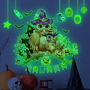 Glow-in-the-dark Halloween owl wall stickers with pumpkin and bat glowing green in dark