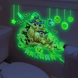 Luminous Halloween wall stickers featuring glowing green owls, bats and pumpkin decor