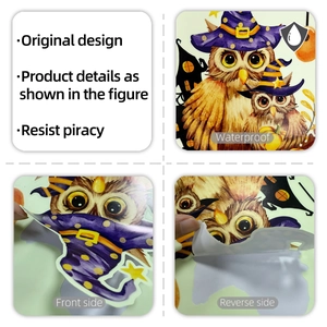 Detail of waterproof Halloween owl wall sticker showing front print and white adhesive back