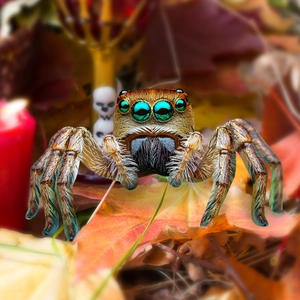 Spider garden stake decoration with green eyes and brown fur for Halloween backyard
