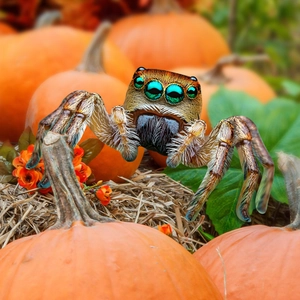 Realistic jumping spider outdoor garden stake with green eyes on pumpkin background