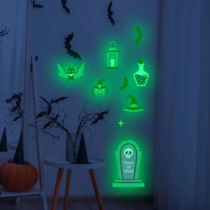 Luminous Halloween wall stickers featuring green glowing bats, pumpkins, and RIP tombstones