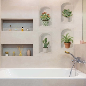Detail of 3D plant wall decals with realistic shadow effect in a cozy bathroom setting