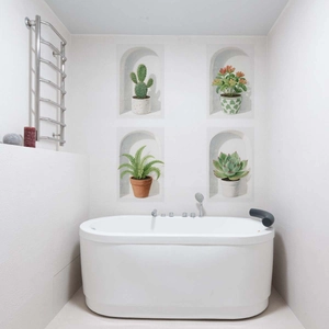 Detail of four 3D potted green plant wall stickers in a minimalist bathroom setting